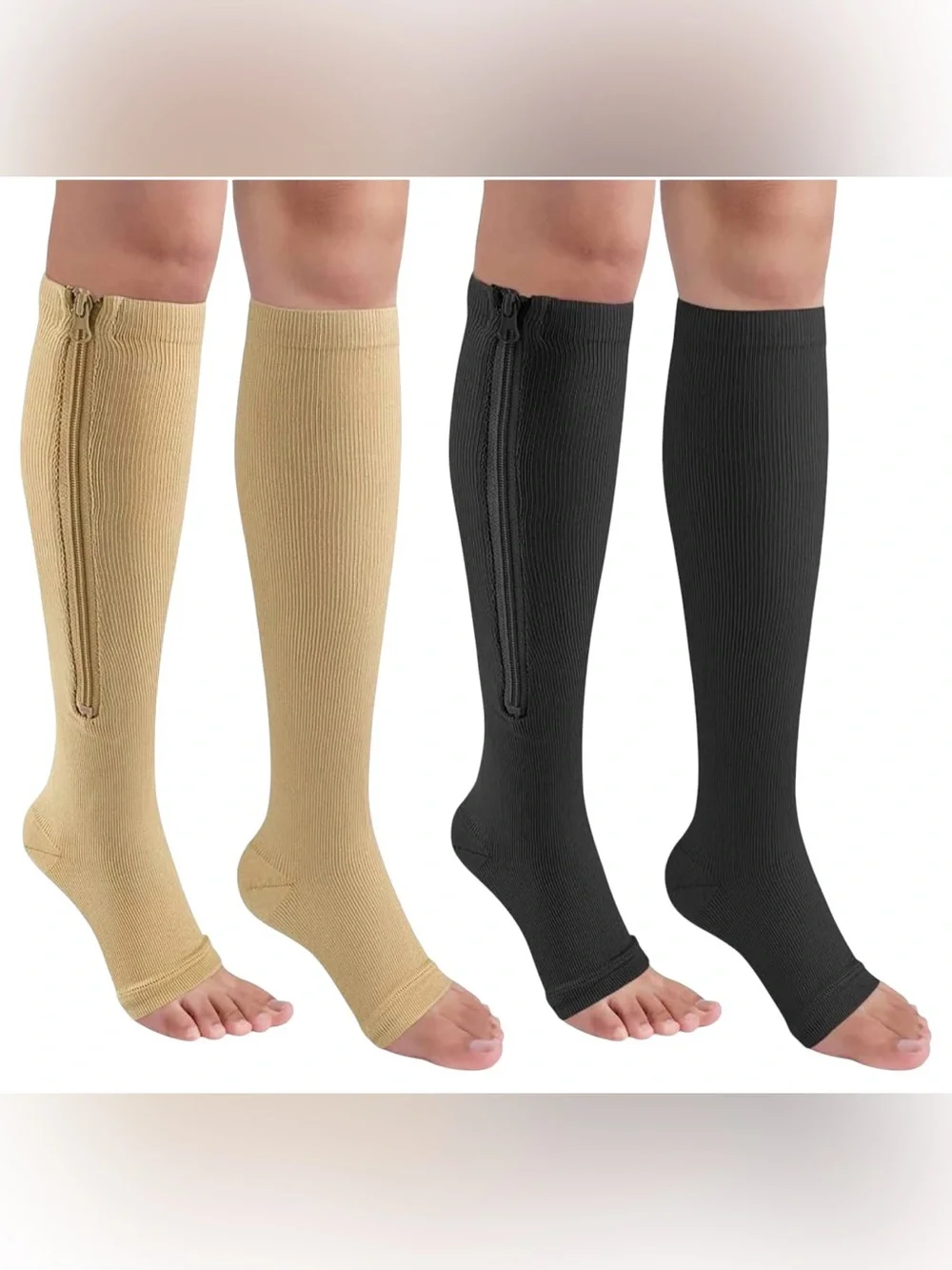 Back-Zip Compression Calf Socks — Black & Beige